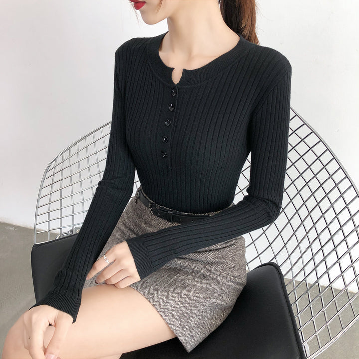 Black Full Sleeve Crew Neck Buttoned Top