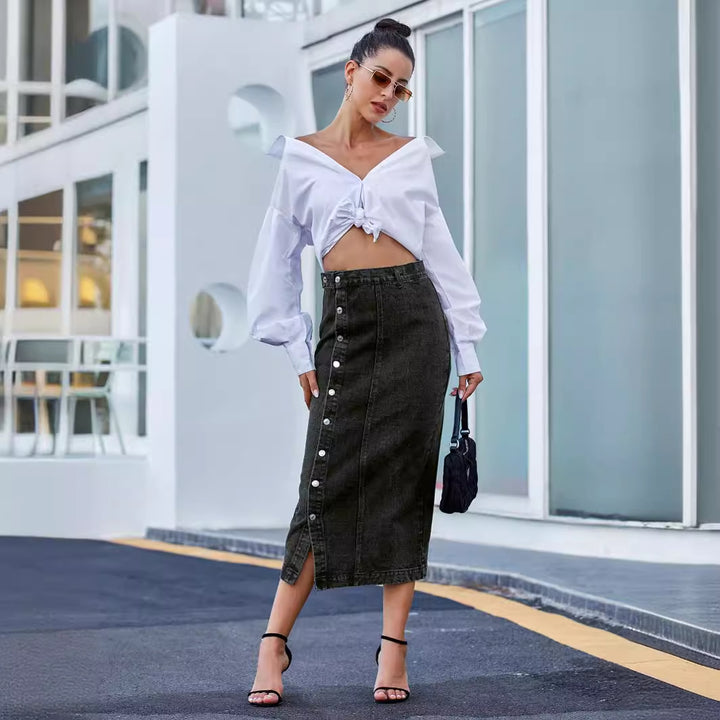 Black Side Button Down Denim Skirt