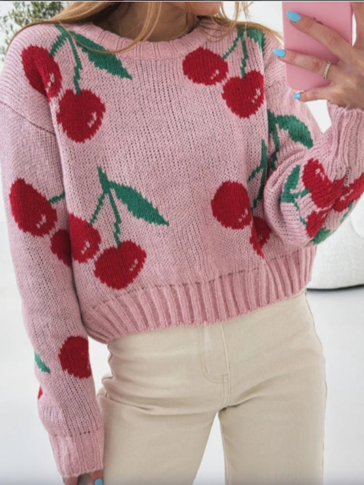 Pink Full Sleeves Printed Relaxed Sweaters