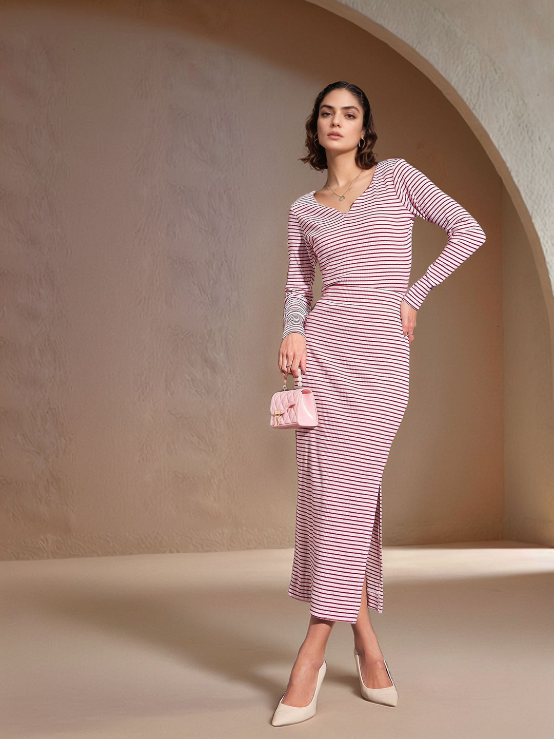 Red Stripes Side Slit Skirt