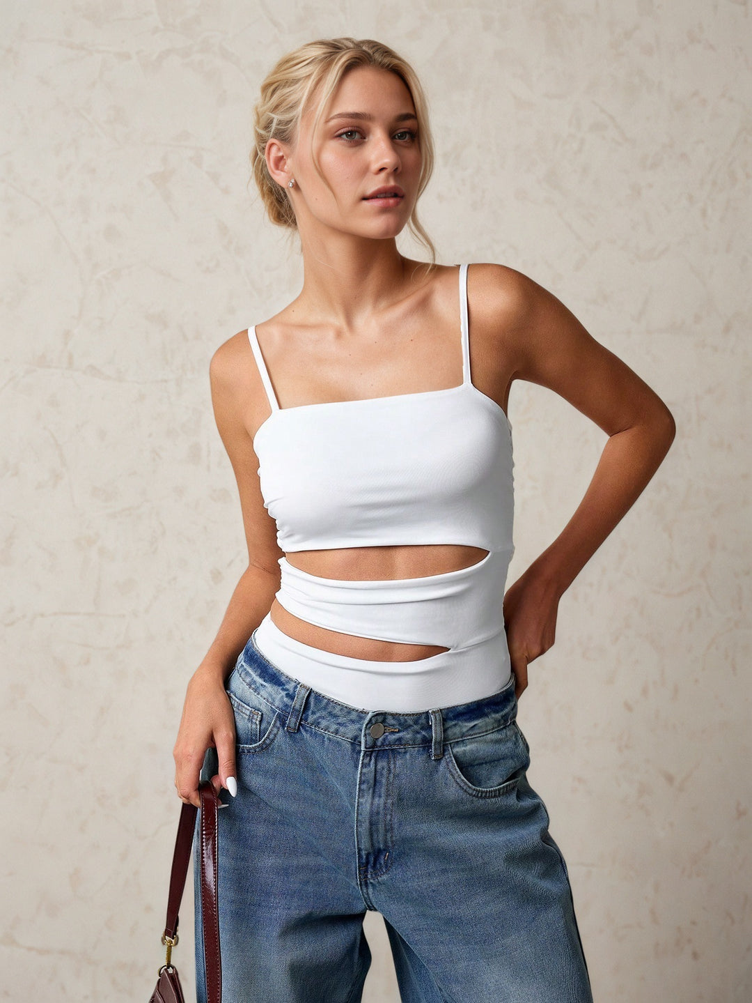Off White Shoulder Strap Cut-Out Detail Top