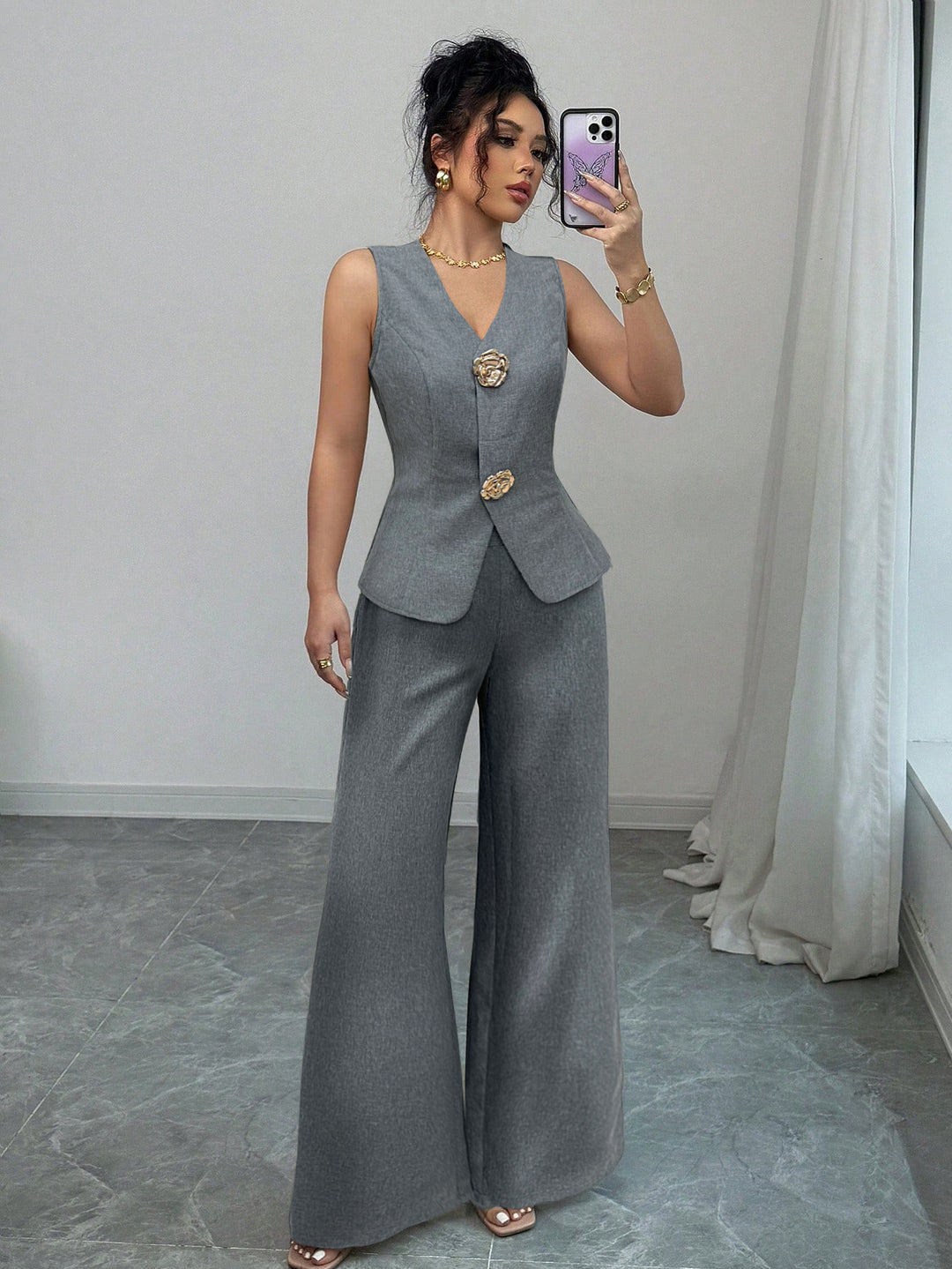 Grey Sleeve Vest And Pant Set