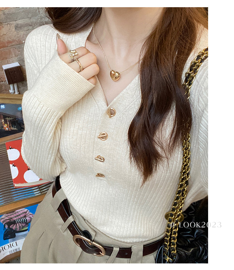 Cream Full Sleeve V Neck Buttoned Fitted Top