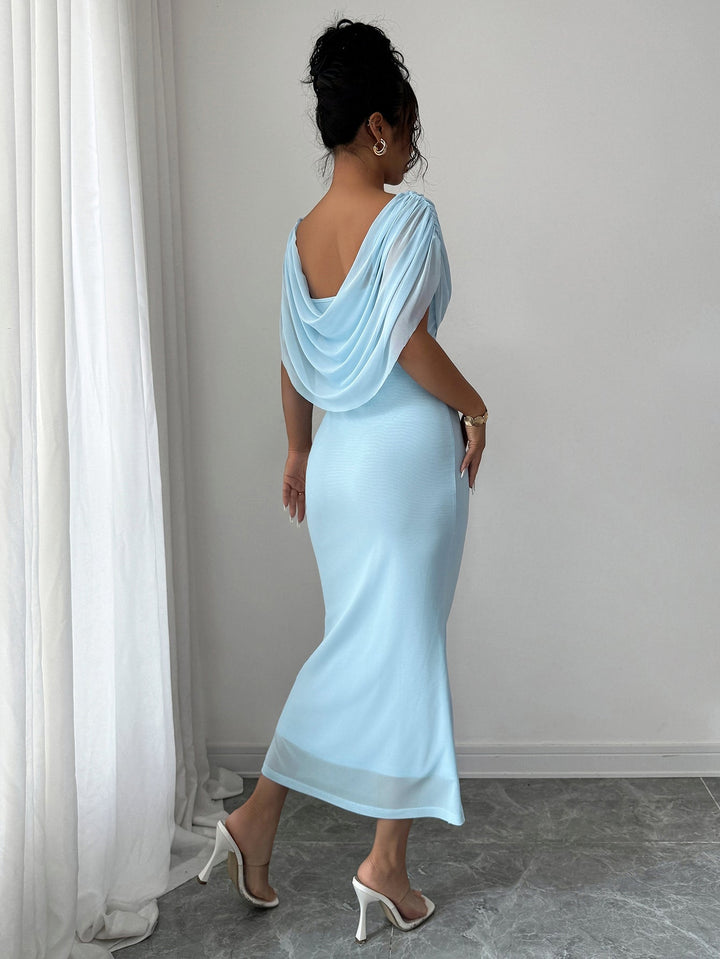 Blue Full Sleeve Cowl Neck Maxi Stress