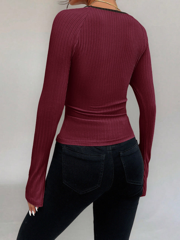 Wine Contrast Tipping Neck Top