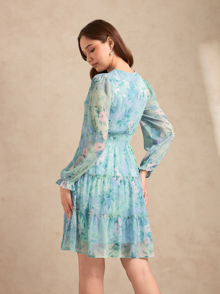 Blue Printed Full Sleeves Waist Smoked Dress
