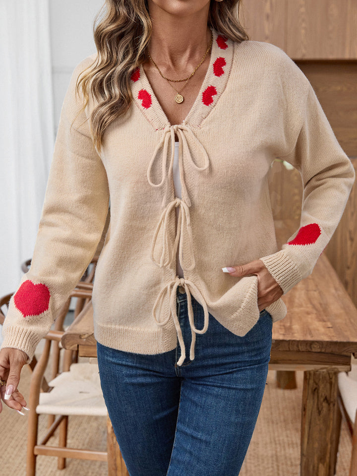 Beige Full Sleeves Printed Front Tie Up Cardigan