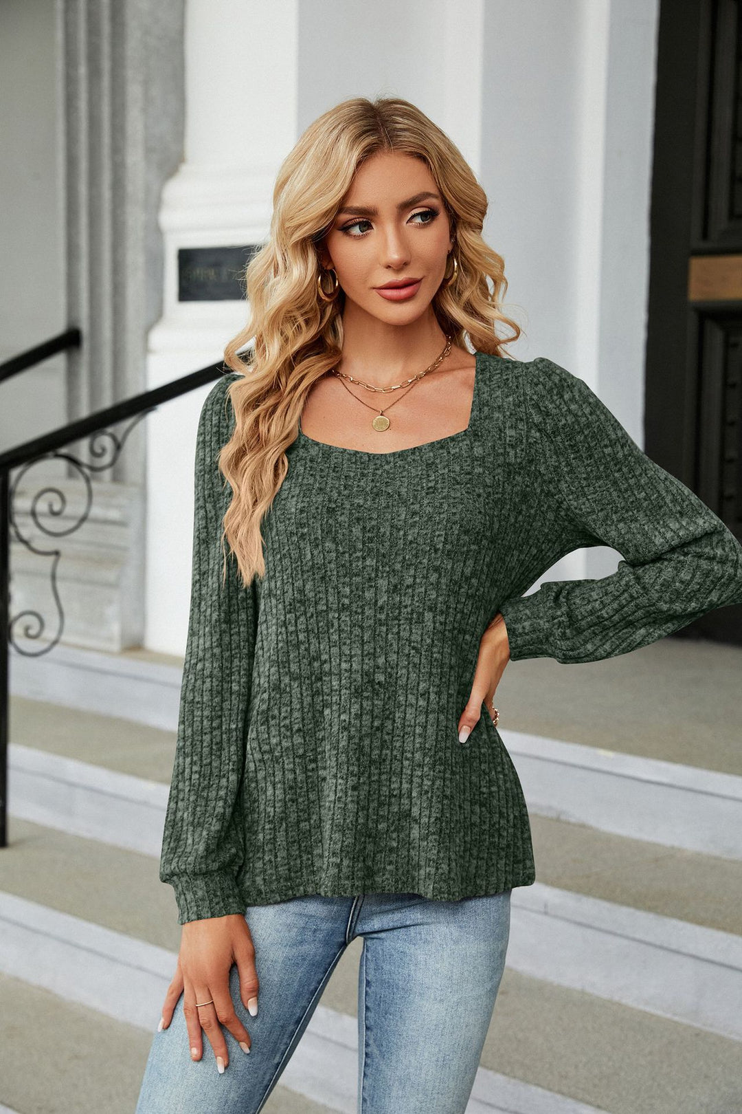 Olive Full Sleeves Square Neck Top