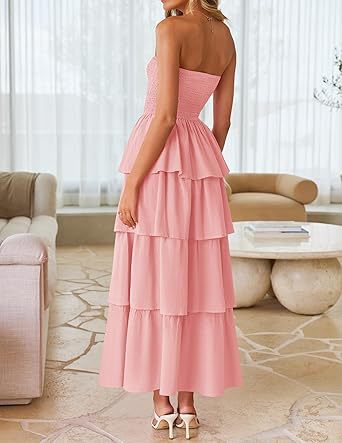 Peach Tube Smoked Dress With Ruffled Layers