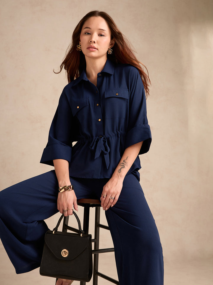 Navy Blue Coord Set With Oversized Utility Shirt With Wide Leg Touser In Elevated Textured Fabric