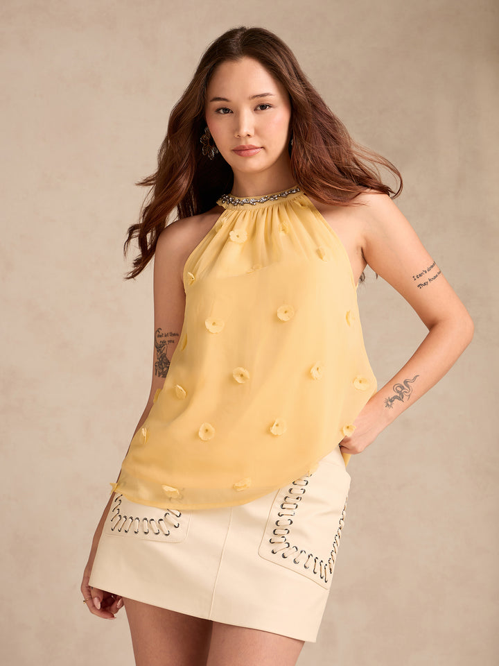 Yellow Halter Neck Top In 3D Floral Embellished Fabric
