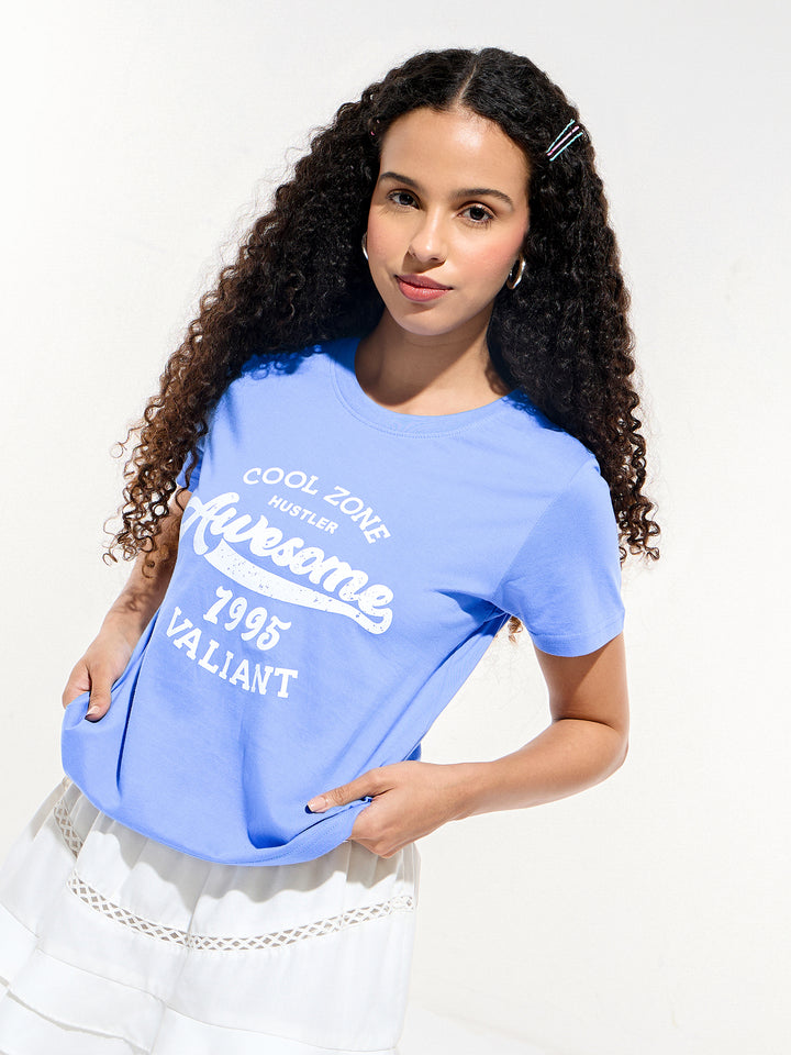 Blue Crew Neck Graphic Tshirt
