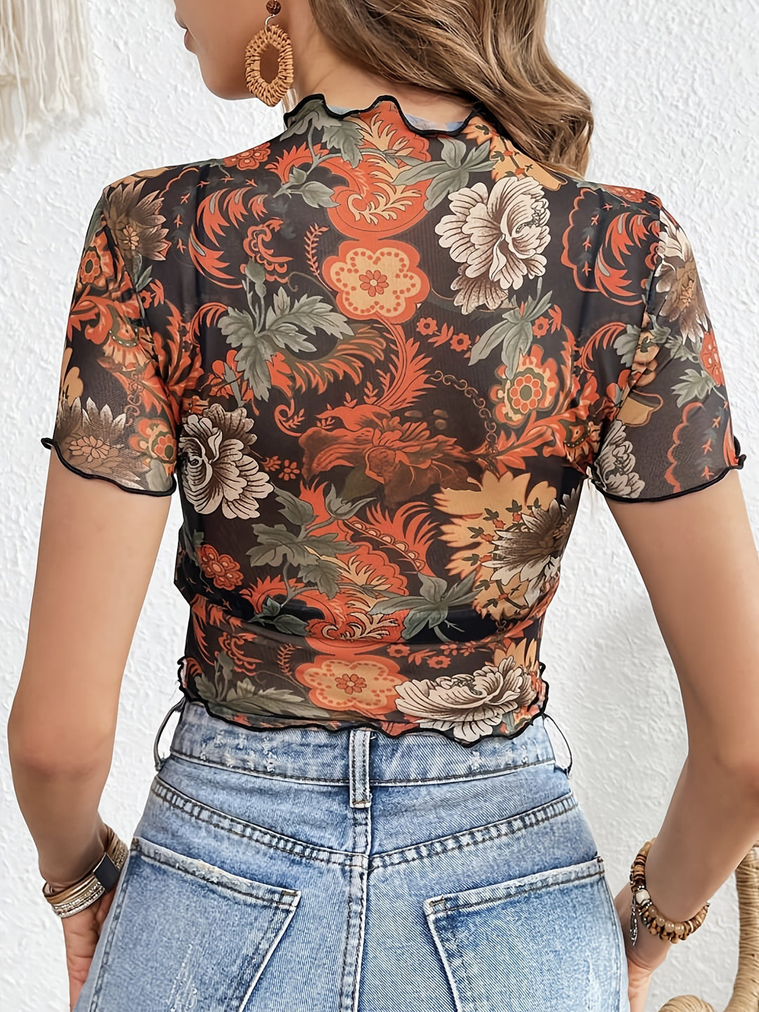 Multi Floral Print Semi Sheer Crop Top