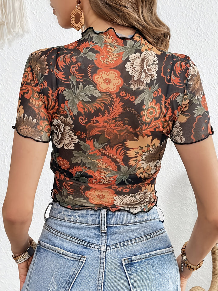 Multi Floral Print Semi Sheer Crop Top