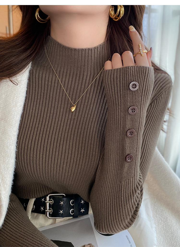 Taupe Full Sleeve Mock Neck Button Trim Top