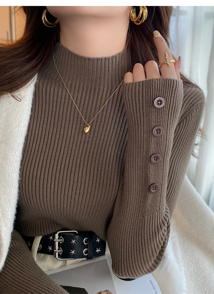 Taupe Full Sleeve Mock Neck Button Trim Top