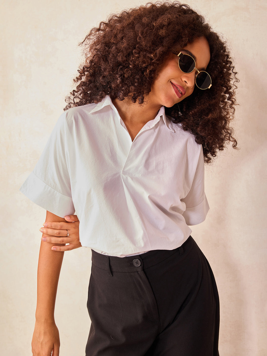 White Beige Boxy Shirt With Rolled Short Sleeves