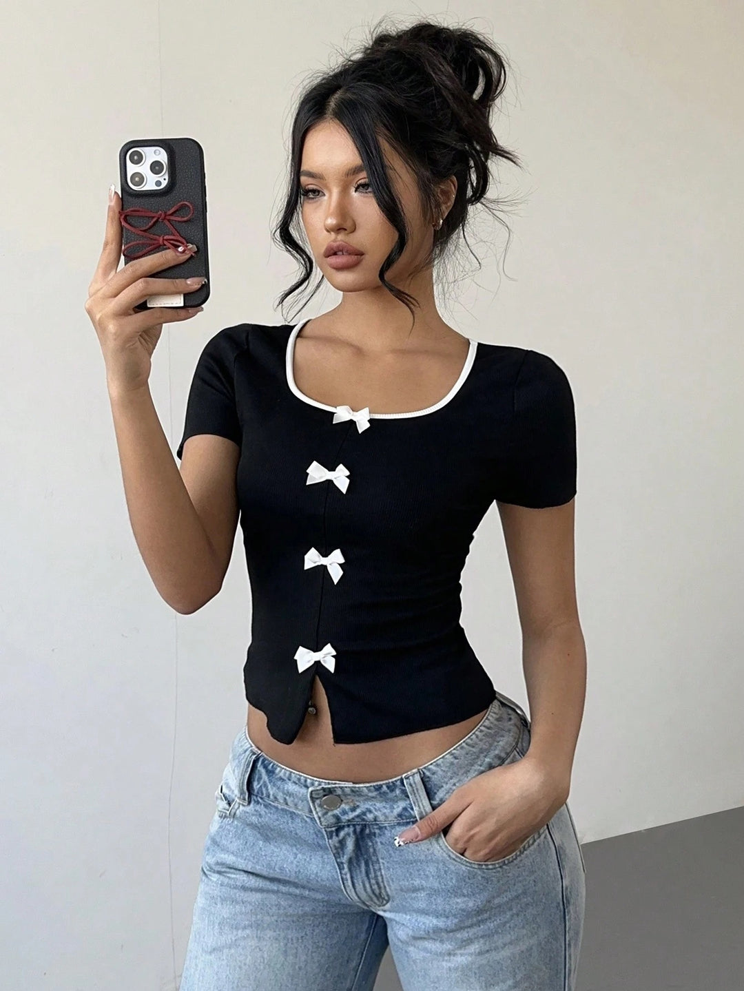 Black Short Sleeve Contrast Neckline Front Bow Top