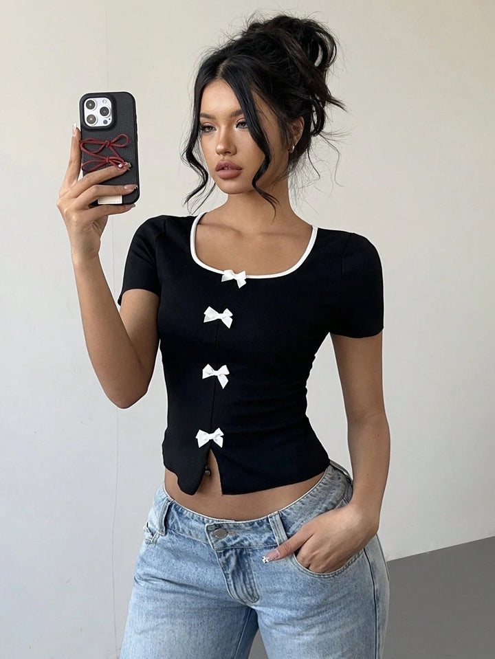 Black Short Sleeve Contrast Neckline Front Bow Top