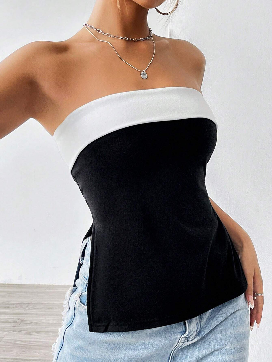 Black Strapless Colour Block Top