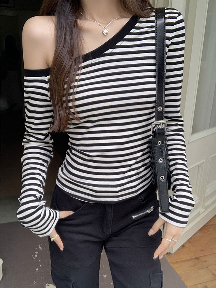 Black One Shoulder Stripe Full Sleeves Top