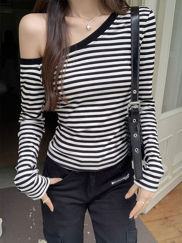 Black One Shoulder Stripe Full Sleeves Top