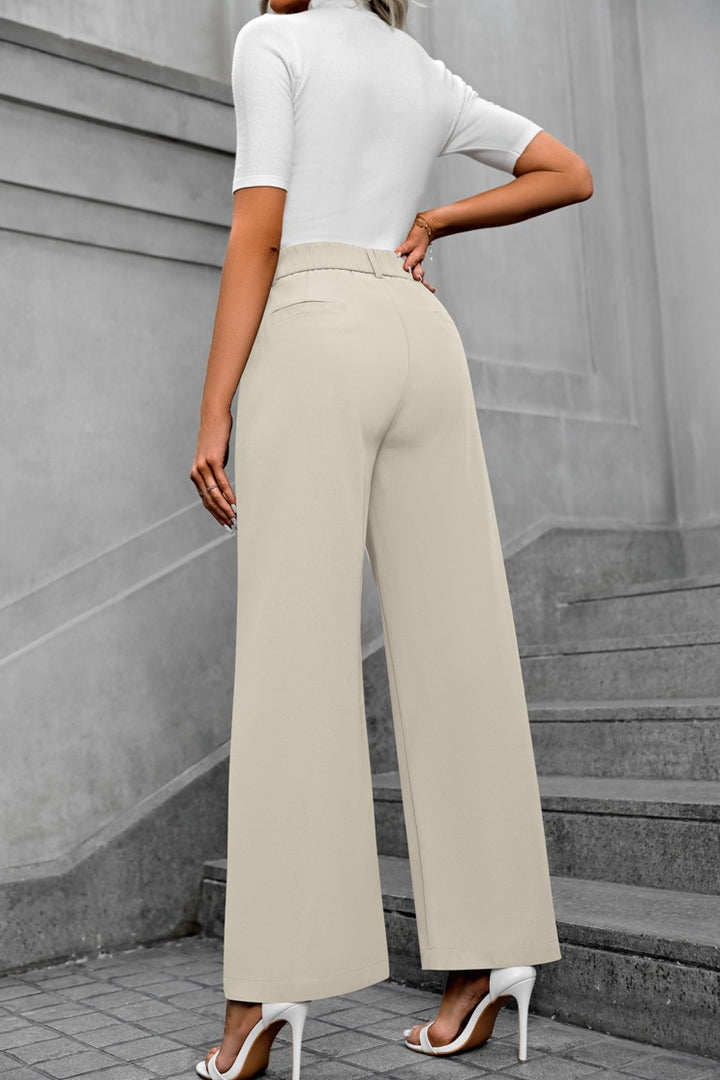 Cream Waist Band Pleated Straight Fit Pants