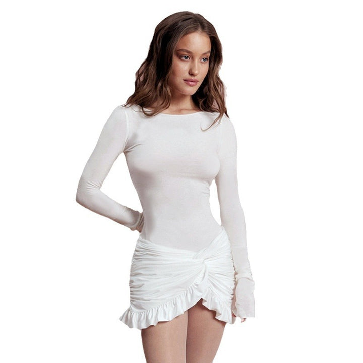White Full Sleeve Centre Knot Detailed Hem Dress