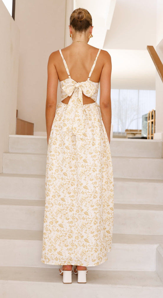 Yellow Printed Pointed Waistline Dress