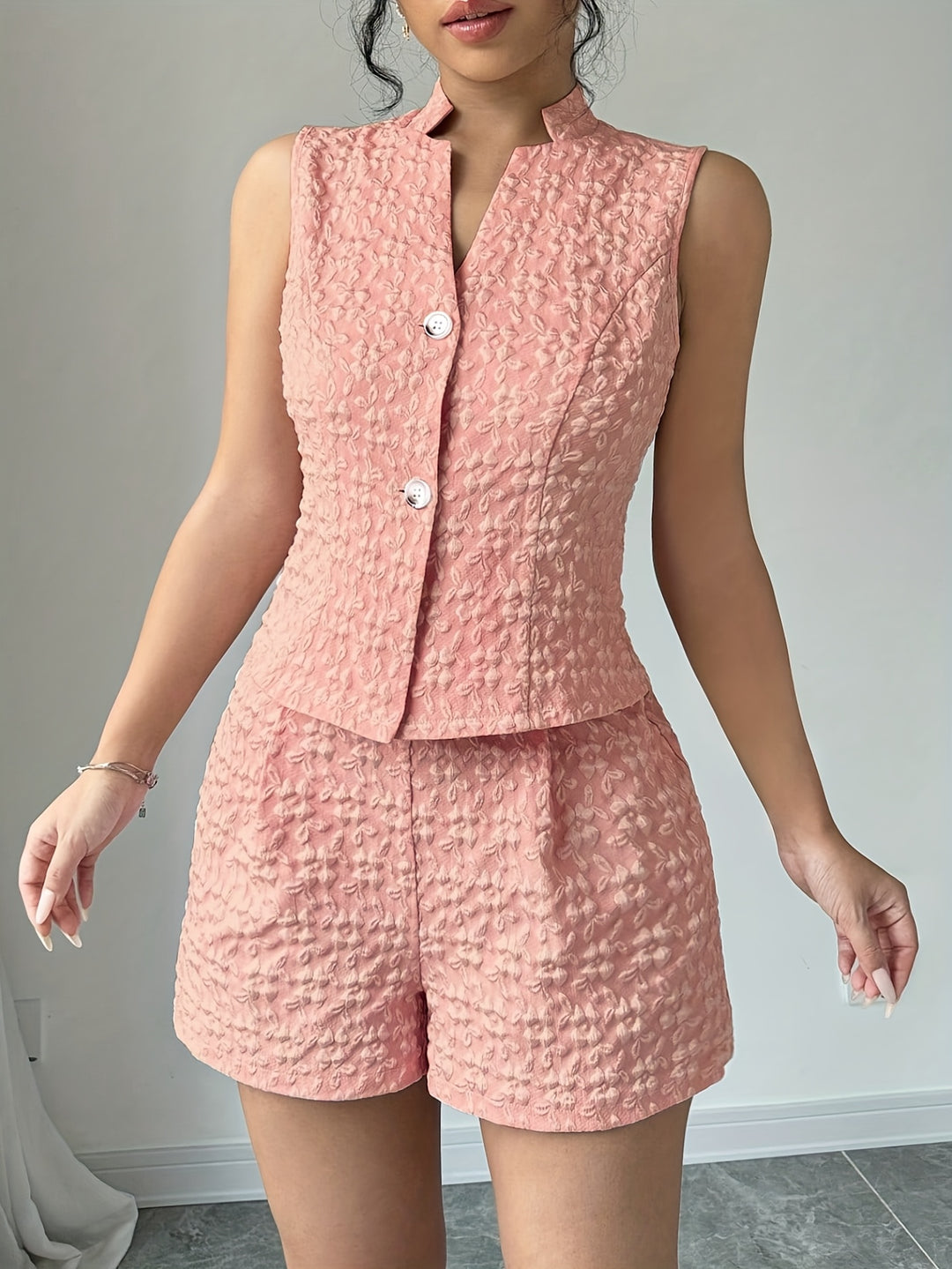 Pink Button Down Blazer Top And Shorts