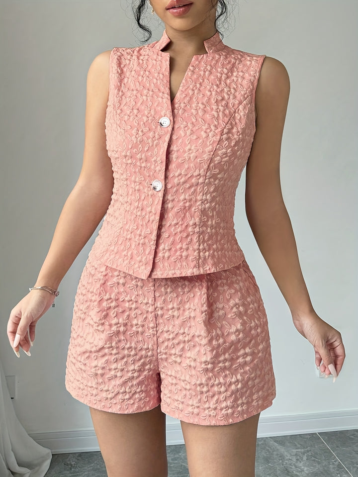 Pink Button Down Blazer Top And Shorts