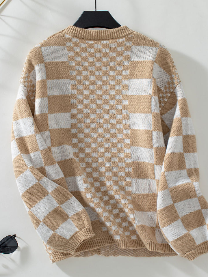 Beige Full Sleeves Checkered Cardigan