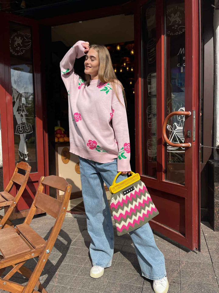 Pink Bold Floral Printed Sweater