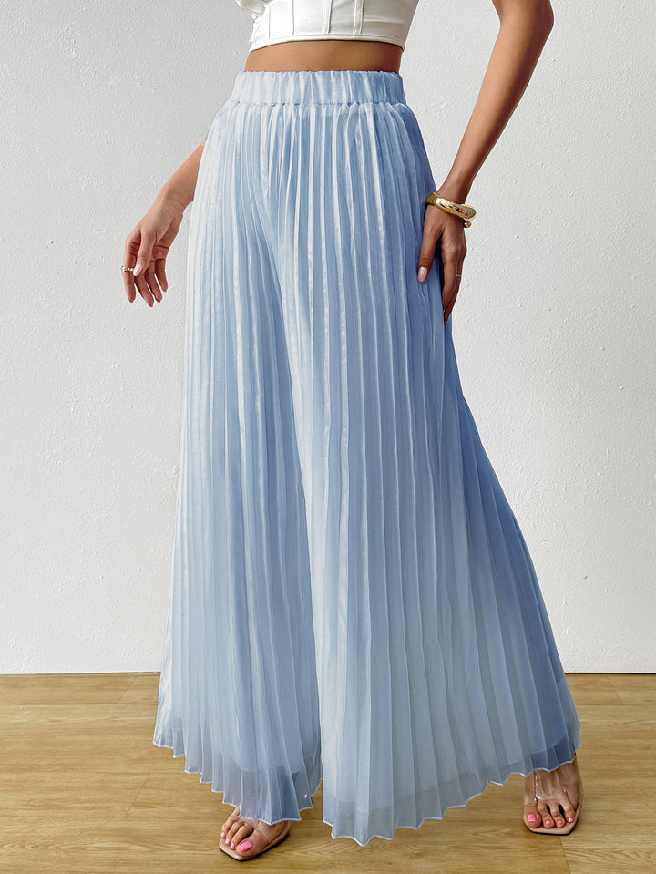 Blue Solid Wide Leg Pleated Trouser