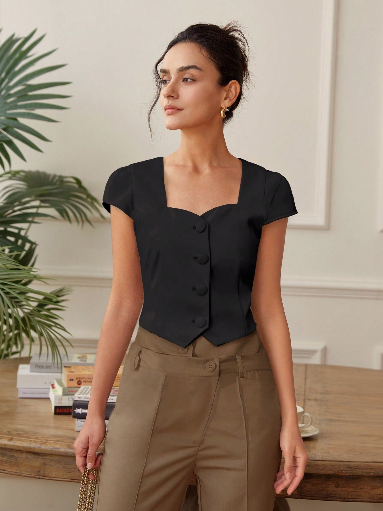 Black Front Button  Top