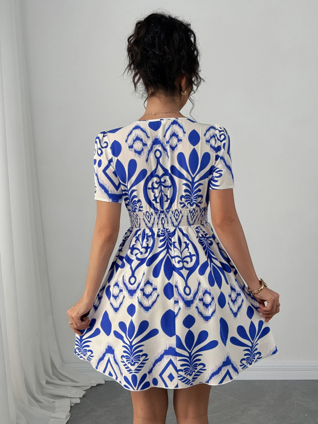 Blue V-Neck Waist Fit Dress