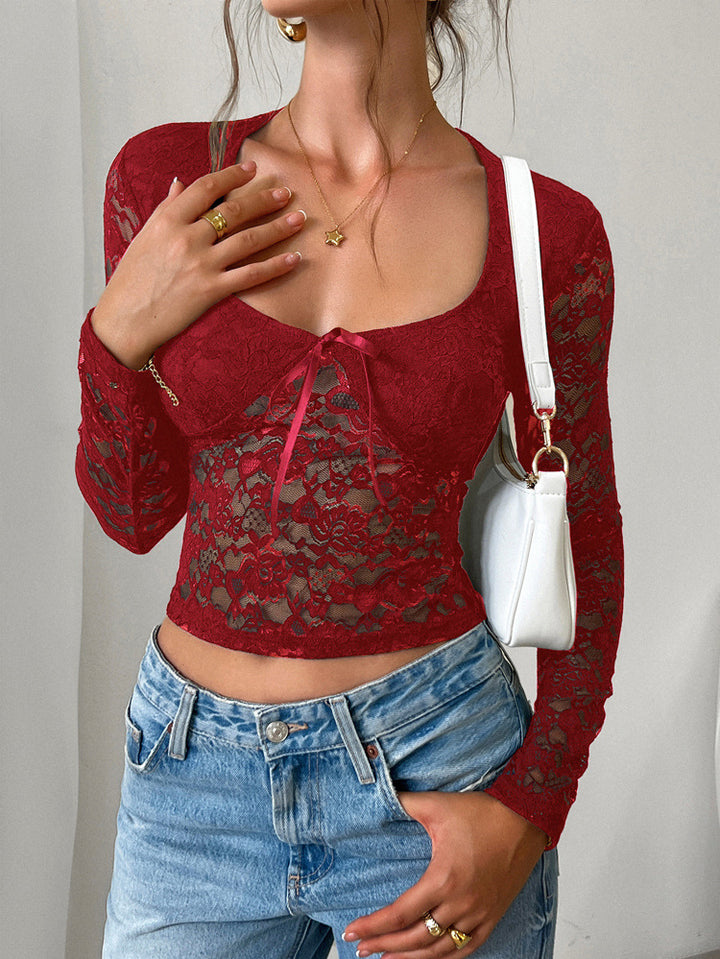 Wine Scoop Neck Lace Fitted Top