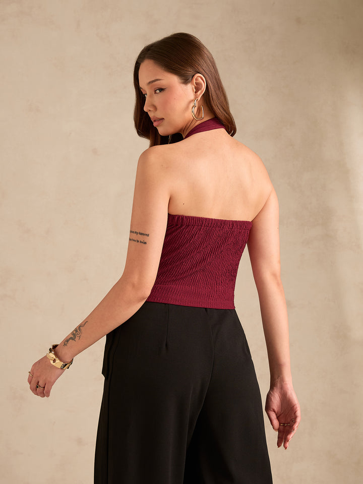 Maroon Halter Neck Tank With Metal Trim Detailing