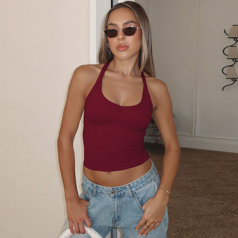 Burgundy Halter Neck Ribbed Tank Top