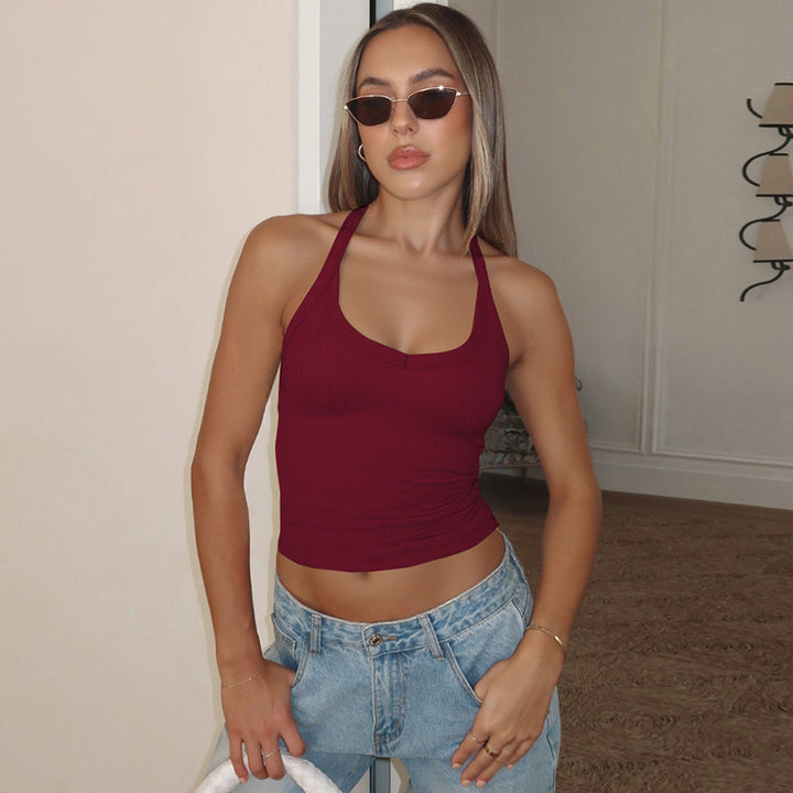 Burgundy Halter Neck Ribbed Tank Top