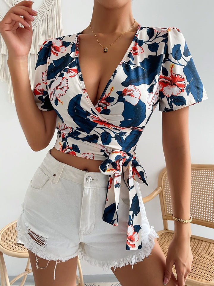 White Short Sleeve Wrap V Neck Top