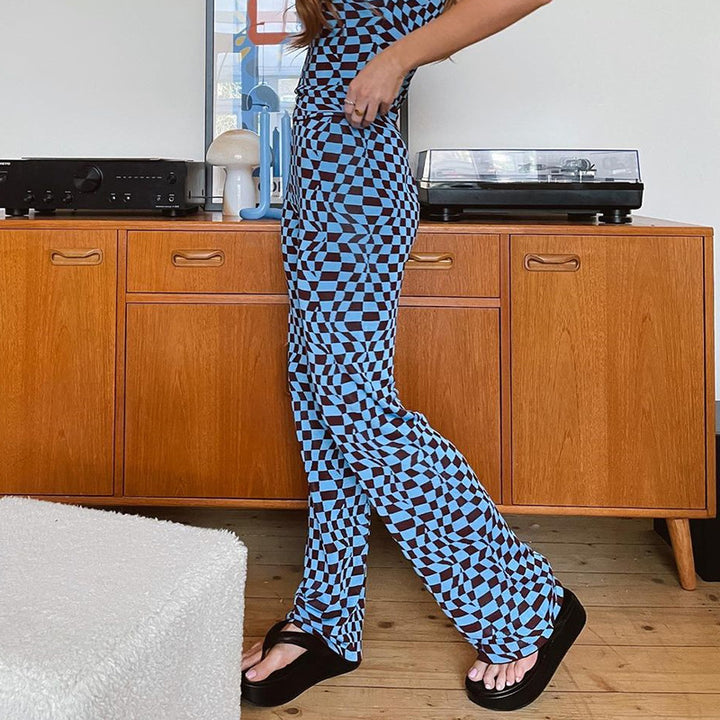 Blue Printed Straight Fit Pants
