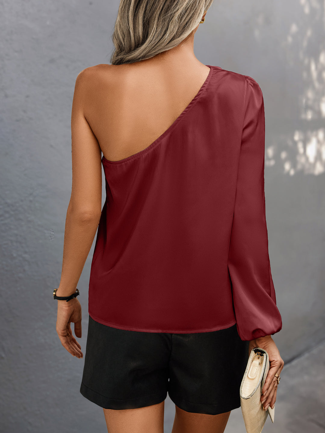 Wine  One Shoulder Floral Embellished Top
