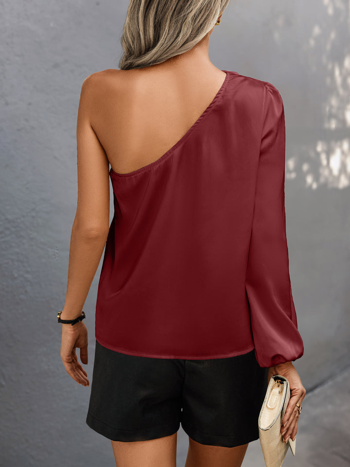 Wine  One Shoulder Floral Embellished Top