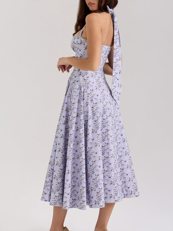 Purple Printed Halter Neck Midi
