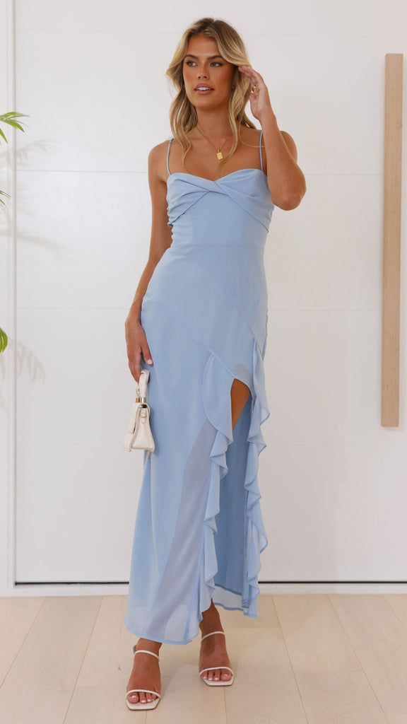 Blue Strappy Side Slit Frilly Dress
