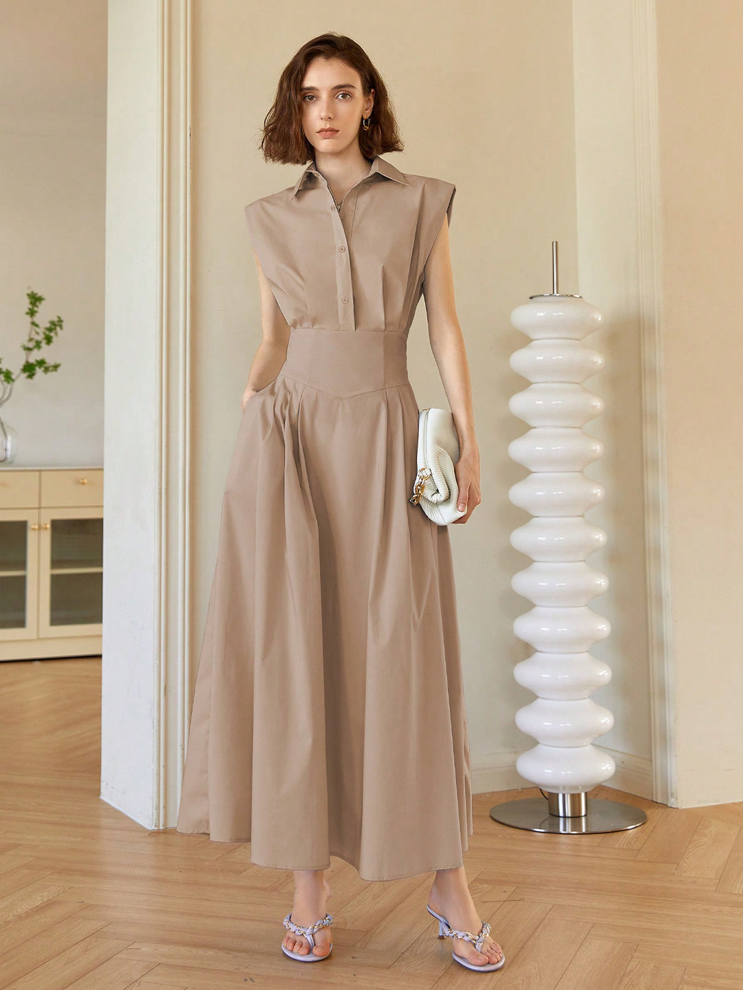 Brown Front Button Shirt Style Sleeveless Dress