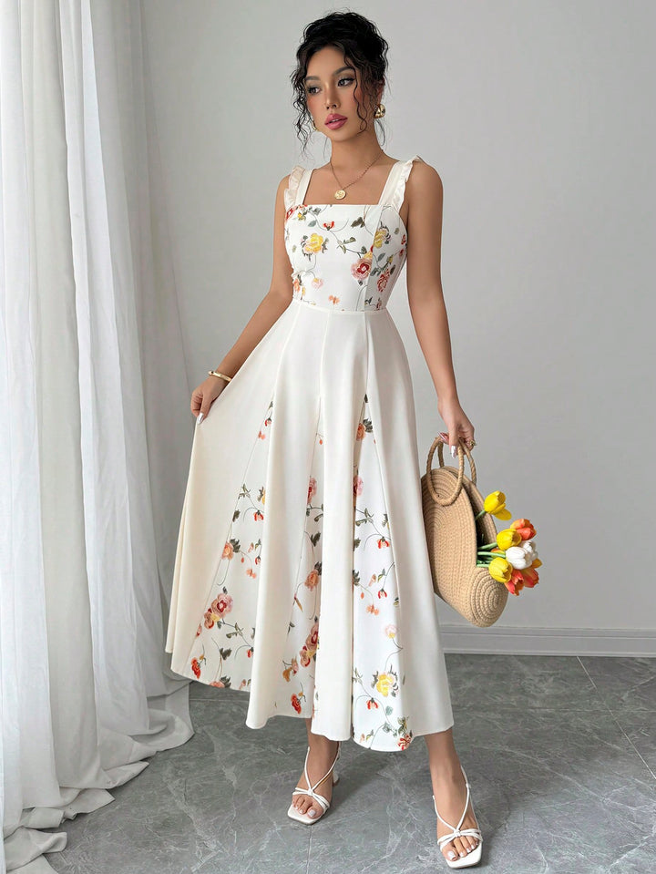 Cream Sleeveless Floral Printed Dress