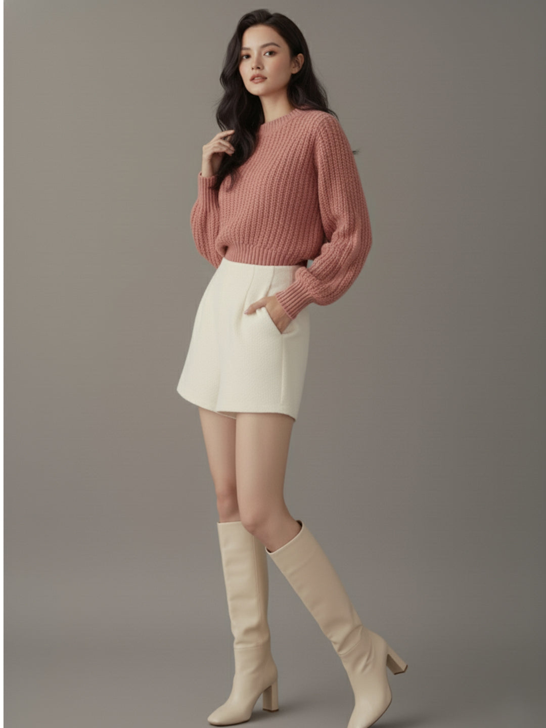 Pink Puff Sleeve High Neck Plain Chunky Sweater