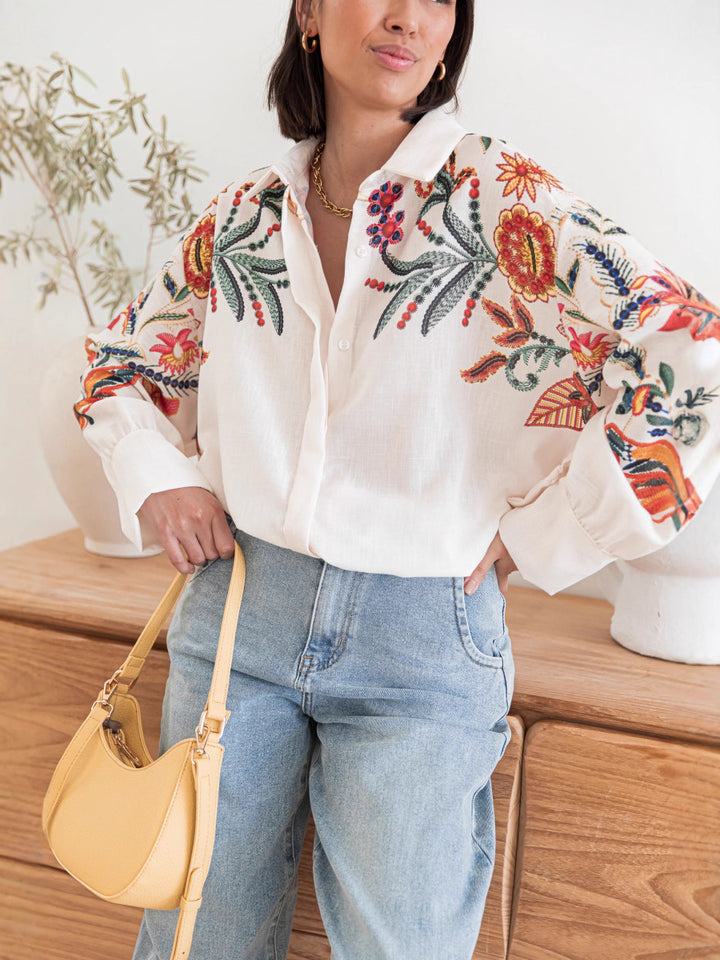 White Full Sleeve Embroidered Collared Top